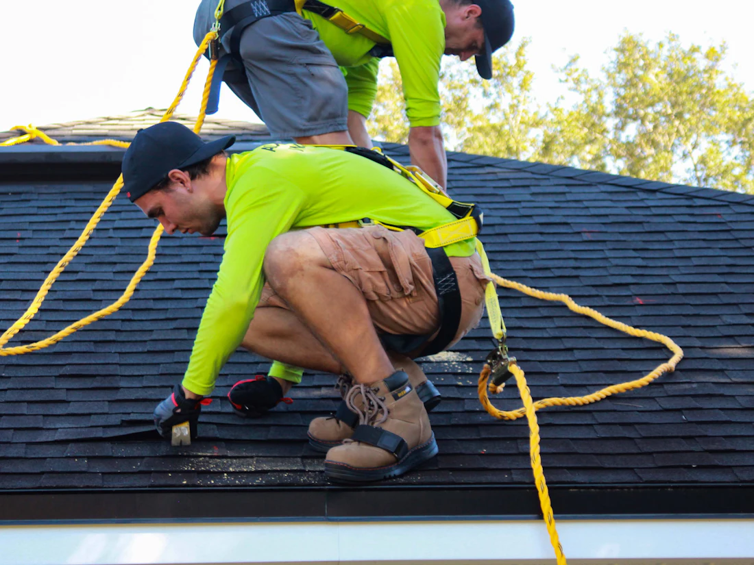 Roofers wearing safety harnesses installing new dark asphalt shingles